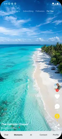 Otiumz Moments screen showing a short-form travel post